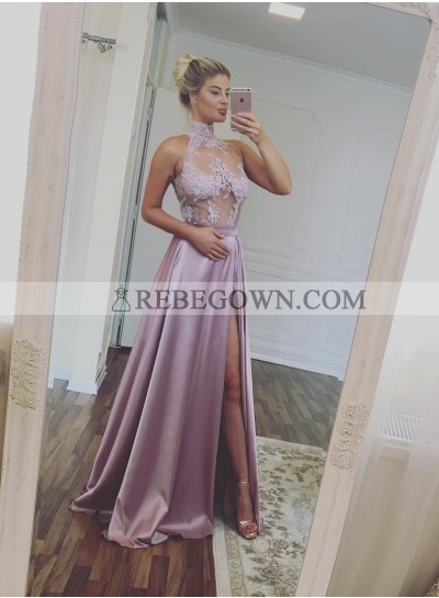 2023 Elegant A-Line Dusty Rose Satin Side Slit Prom Dresses