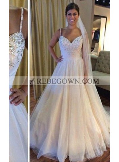 2023 Cheap A Line Tulle Spaghetti Straps With Beads Wedding Dresses