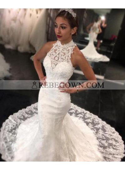2023 New Mermaid  High Neck Sweep Train Lace Wedding Dresses