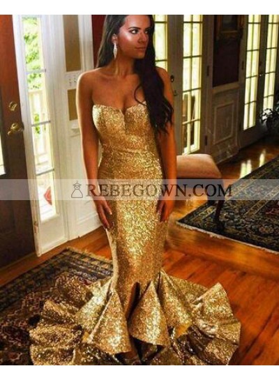 Gold Sequence Sweetheart Trumpet/Mermaid  2023 Prom Dresses