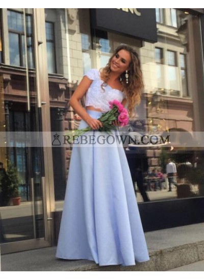 Cheap A-Line Satin Light Sky Blue Two Pieces 2023 Prom Dresses