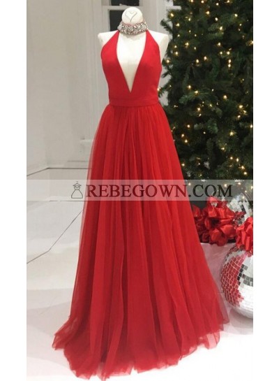 Newly A-Line V Neck Red Tulle 2023 Prom Dresses