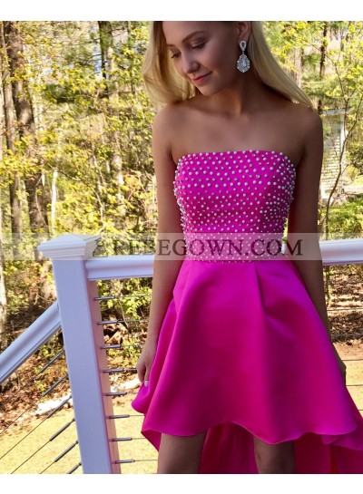 Cheap A-Line Fuchsia Strapless Beaded High Low 2023 Prom Dresses