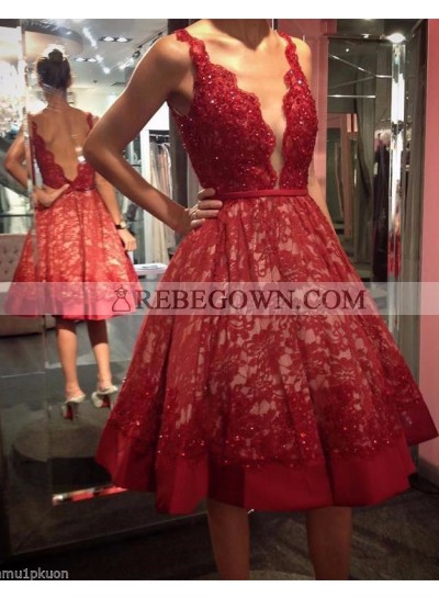A-Line Short Red Lace 2023 Tea Length Prom Dresses