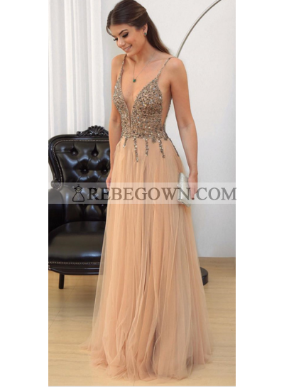 Charming A-Line Tulle Champagne Beaded V Neck Prom Dresses 2023