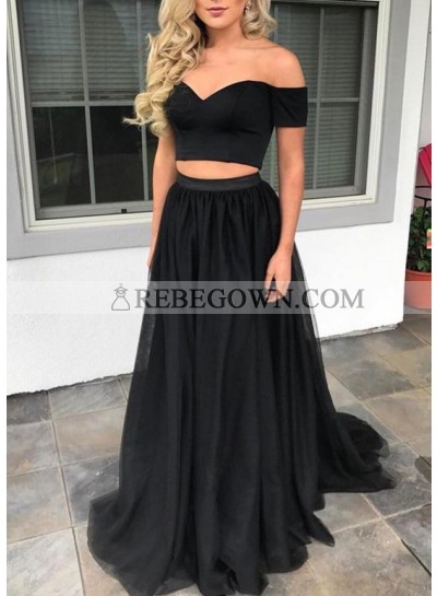 Cheap A-Line Black Two Pieces Off The Shoulder 2023 Prom Dresses