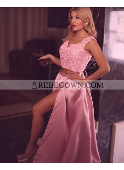 Newly A-Line Satin Pink Two Pieces 2023 Prom Dresses