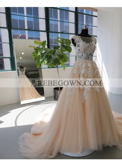2023 New Arrival A Line Long Train Tulle Wedding Dresses With Appliques