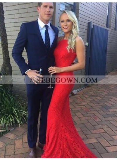Red Charming Trumpet/Mermaid  Lace 2023 Backless Prom Dresses