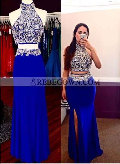 2023 Sheath Royal Blue Two Pieces Beaded Prom Dresses