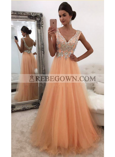 Cheap A-Line Tulle Organza V Neck 2023 Prom Dresses