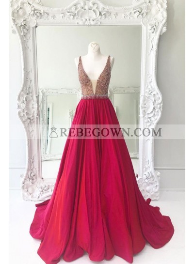 2023 New Arrival Satin A-Line Red Beaded Prom Dresses