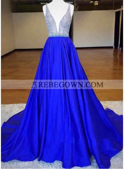 A-Line Royal Blue Satin 2023 Prom Dresses