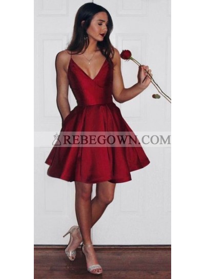 Cute A-Line Satin Red Knee Length V Neck Short 2023 Prom Dresses
