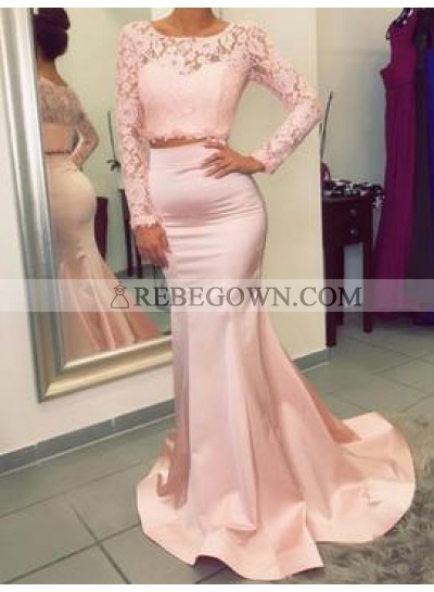 Charming Trumpet/Mermaid  Satin Two Pieces Long Sleeves 2023 Prom Dresses