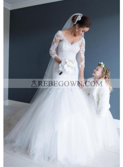 2023 Mermaid  White V Neck Long Sleeves Tulle With Appliques Wedding Dresses