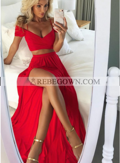 Cheap A-Line Red Two Pieces Side Slit 2023 Prom Dresses