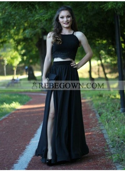2023 Cheap A-Line Side Split Black Two Pieces Prom Dresses