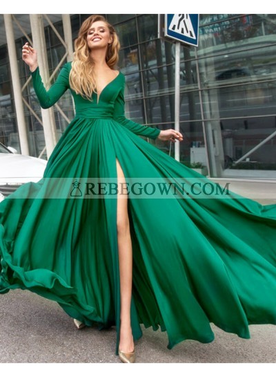Elegant A-Line Long Sleeves Emerald Side Split 2023 Prom Dresses