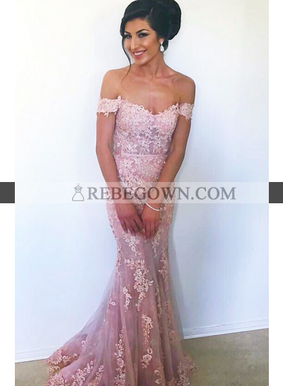 Trumpet/Mermaid  Off The Shoulder Pink 2023 Prom Dresses With Appliques