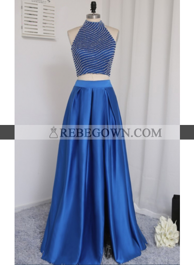 2023 New A-Line Satin Royal Blue Two Pieces Prom Dresses