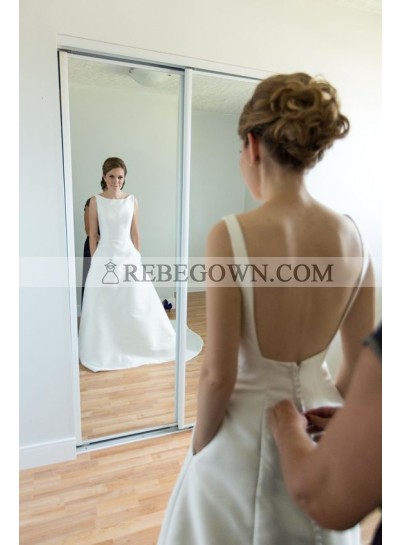 2023 Simple A Line Satin Buttons Backless Wedding Dresses