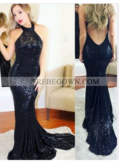 2023 Black Trumpet/Mermaid  Backless Sequence Prom Dresses