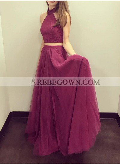 Cheap A-Line Tulle Burgundy Two Pieces 2023 Prom Dresses