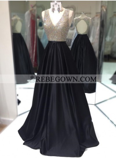 Elegant A-Line Satin Black Beaded V Neck 2023 Prom Dresses