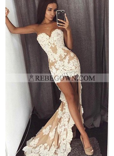2023 Sheath Champagne High Low Sweetheart Prom Dresses