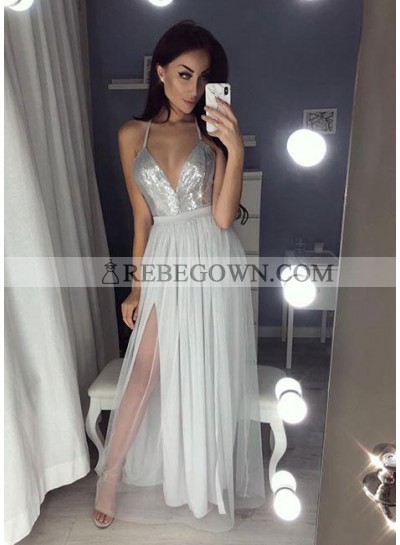 Cheap A-Line Silver Side Slit Sweetheart Tulle 2023 Prom Dresses