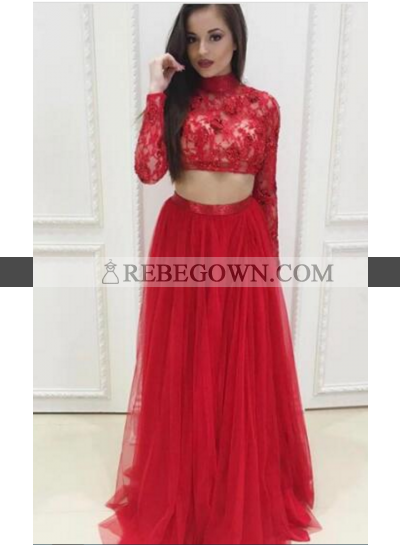 Red A-Line Long Sleeves Two Pieces Tulle Prom Dresses 2023