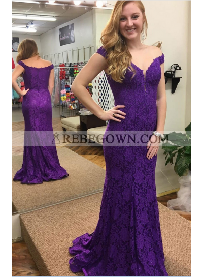 Charming Sheath Purple Off The Shoulder Lace 2023 Prom Dresses