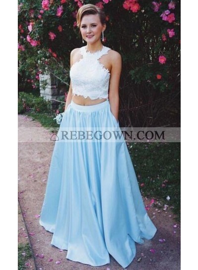2023 New Arrival A-Line Satin Blue Two Pieces Prom Dresses