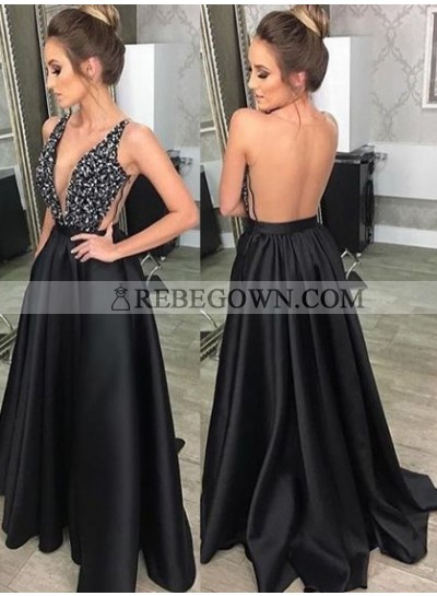 Charming A-Line Satin Backless Deep V Neck Black 2023 Prom Dresses