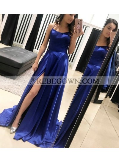 2023 Newly A-Line Side Split Haler Satin Royal Blue Prom Dresses