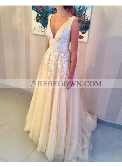 A-Line Champagne V Neck Tulle 2023 Prom Dresses With Appliques