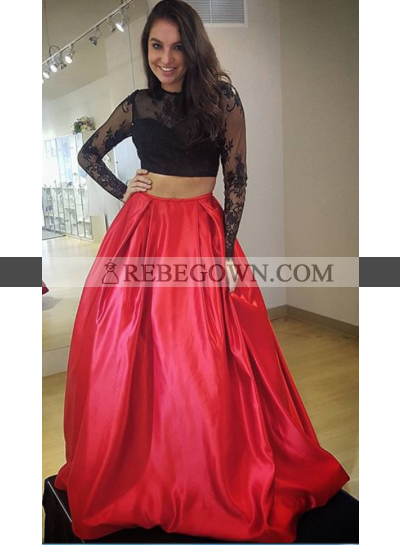 2023 Charming A-Line Satin Black With Red Two Pieces Long Sleeves Prom Dresses