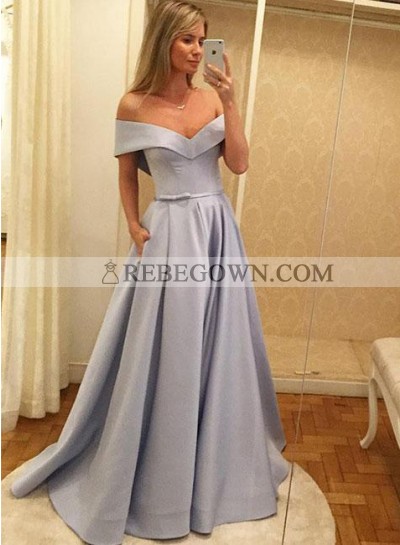 Cheap A-Line Satin Off The Shoulder Lavender Prom Dresses 2023
