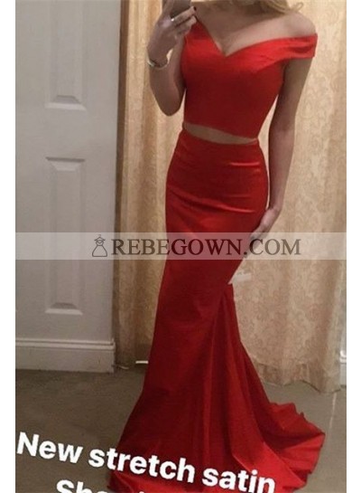 2023 Trumpet/Mermaid  Red Two Pieces Satin Off The Shoulder Prom Dresses