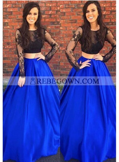 Elegant A-Line Royal Blue With Black Long Sleeves Two Pieces Lace 2023 Prom Dresses