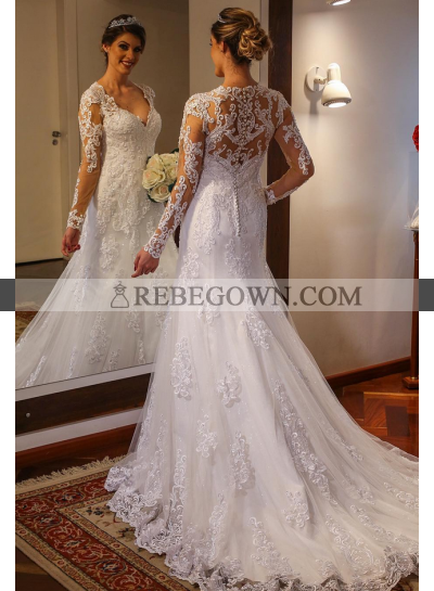 2023 A Line Long Sleeves Tulle With Appliques Sweetheart Wedding Dresses