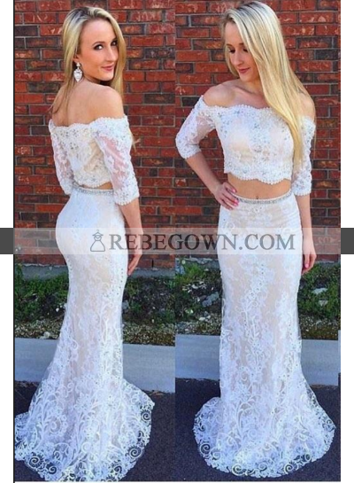2023 White Sheath Long Sleeves Two Pieces Lace Prom Dresses