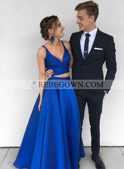 A-Line Satin Royal Blue Satin Two Pieces 2023 Prom Dresses