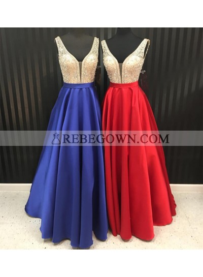 Cheap Satin A-Line Red Beaded 2023 Prom Dresses
