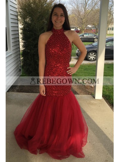 Sexy Trumpet/Mermaid  Red Backless Beaded 2023 Prom Dresses