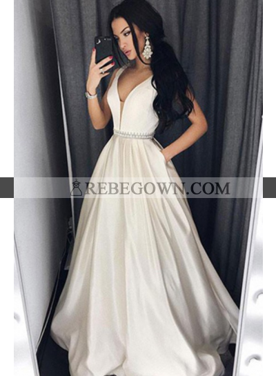 Cheap A-Line Sweetheart Satin Ivory Prom Dresses 2023
