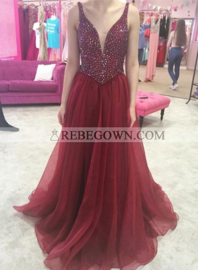 2023 Chiffon A-Line Burgundy Beaded V Neck Prom Dresses