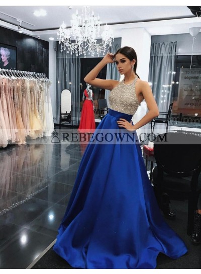 Charming Satin Royal Blue Beaded 2023 A-Line Prom Dresses