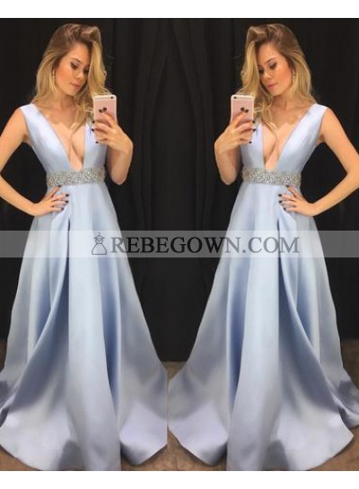 Elegant A-Line Satin Deep V Neck Light Sky Blue 2023 Prom Dresses